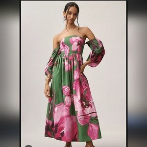Anthropologie Off-Shoulder Floral Maxi Dress in Green and Pink